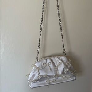 Anthropologie White Satin Pearl Bow Chain Shoulder Clutch Bag